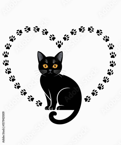 Black Cat in Heart with Paw Prints Cute Pet Lover Design