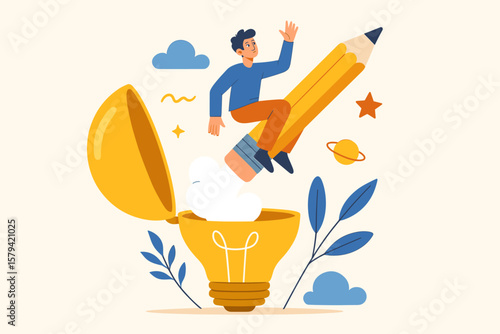 Creative business goal achievement concept. Man riding pencil rocket from open lightbulb. Innovation, strategy, mission, vision, idea generation, success, leadership, creativity