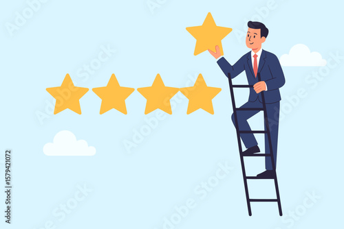 Businessman climbs ladder to add the fifth star. Concept for 5 star rating, customer review, satisfaction, feedback, quality service, business success, and high evaluation rank.
