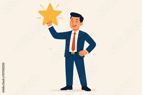 Confident businessman holding gold star, symbolizing employee achievement, high performance, leadership, recognition, award winner, staff evaluation, business success, excellence