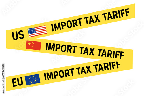 International Trade Tariff Barrier Tape with US, China, and EU Flags. Yellow Warning Tape Design for Import Tax, Customs Duty, Trade War, Economic Conflict. Transparent Vector Illustration