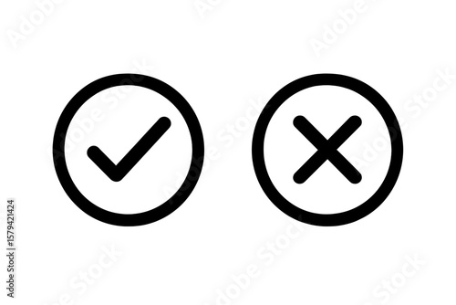 Check Mark and Cross Icon Set. Vector Symbols for Correct and Incorrect, Yes and No, Approval and Rejection, Decision Making, Voting, Survey, User Interface, Transparent Background