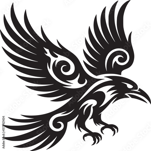 Stylized black raven with tribal design elements and spread wings on a white background vector image