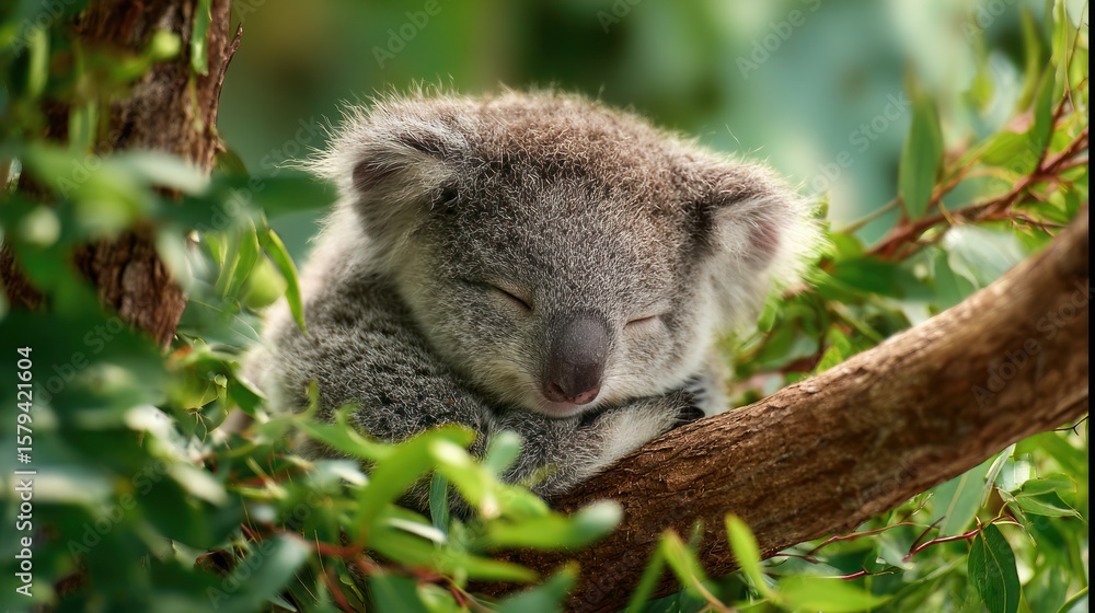 Fototapeta premium Sleepy koala in eucalyptus tree