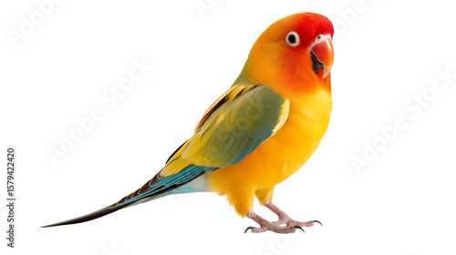 A colorful lovebird perched gracefully shows its vibrant plumage against a dark, solid background bringing a touch of tropical wildlife.