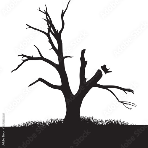 Silhouette of a bare tree with broken branches against a white background in a minimalistic style