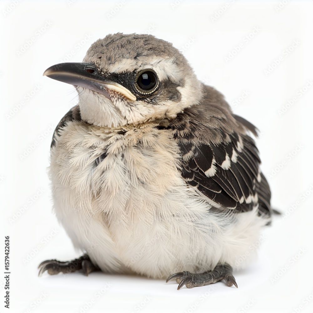 Fototapeta premium Young fledgling bird portrait with speckled feathers, isolated closeup image on white background