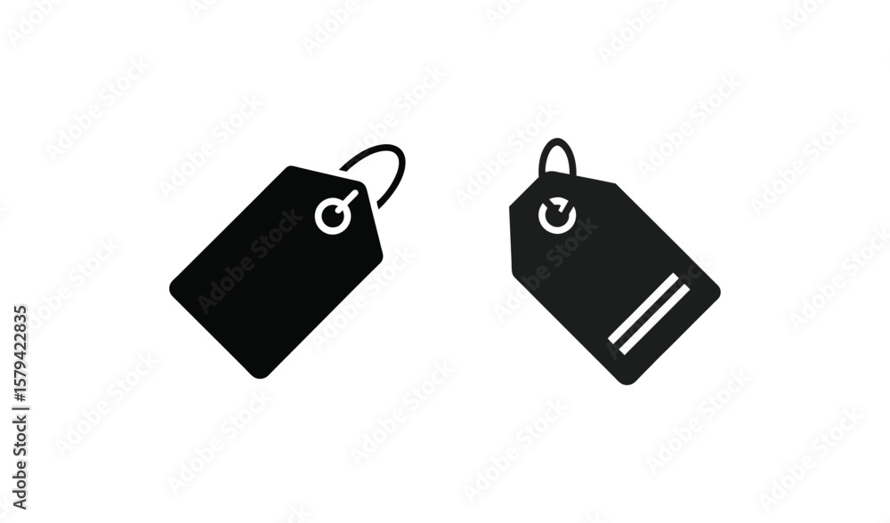Fototapeta premium Two simple black price tags or labels with holes and string on white background