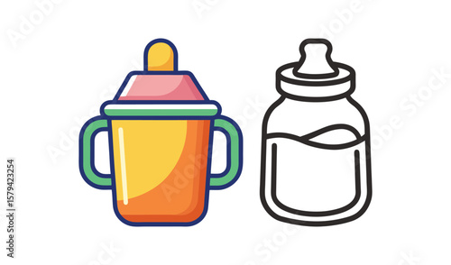 Colorful baby sippy cup and outline of milk bottle with liquid