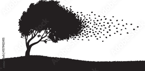 Vector art of a tree silhouette with leaves blowing away in the wind