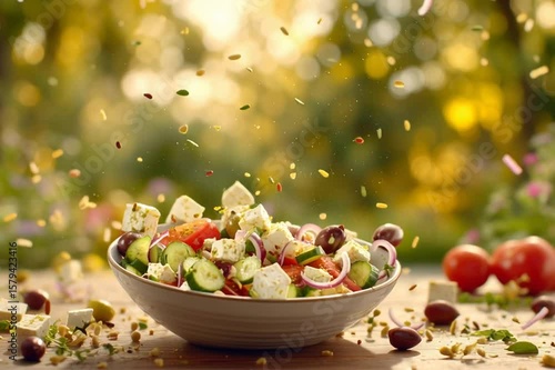  vibrant Greek salad bursting with freshness — flying cubes of feta cheese, red onions, olives, and chopped herbs suspended mid-air above a bowl of cucumber and tomato salad
