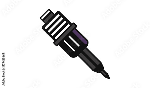 Close up illustration of a black tattoo machine with a purple accent on a white background