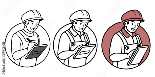 Worker holding tablet writing notes technician hard hat