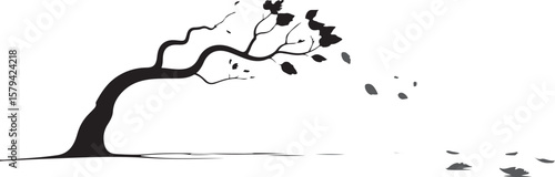 Vector art of a tree bends in the wind as leaves scatter