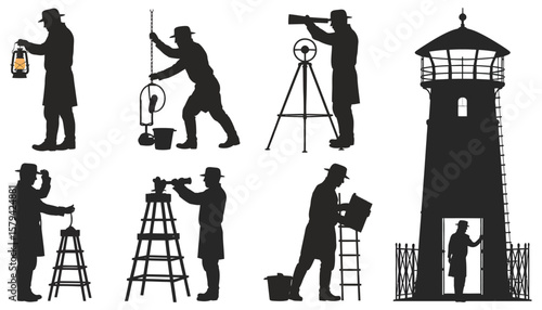 Vector silhouette illustration of professional photographers with tripods, capturing a landscape against the sky