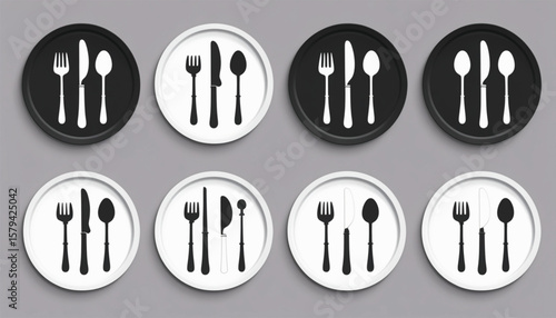 cutlery arranged neatly and orderly in black and white