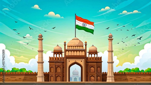 Red fort with waving indian flag and flying birds in colorful cartoon background

