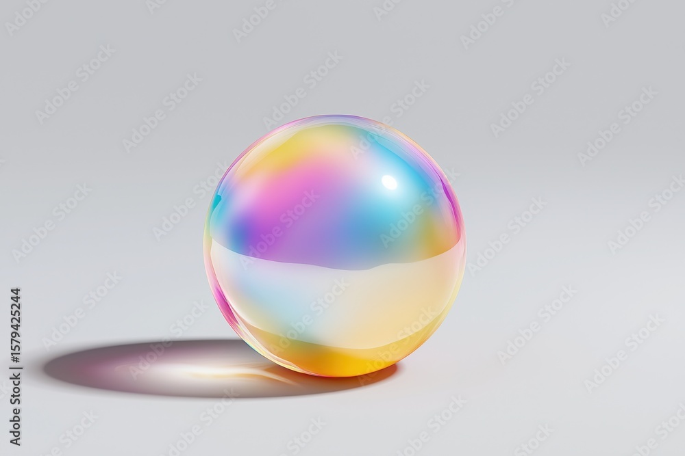 Obraz premium Colorful iridescent glass sphere on minimalist grey background