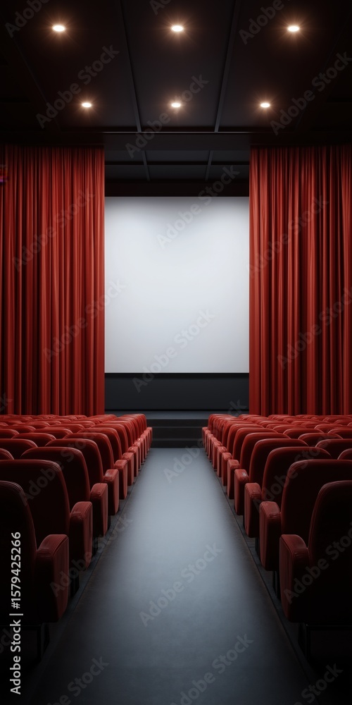 Fototapeta premium Empty movie theater with red curtains and chairs awaiting audience