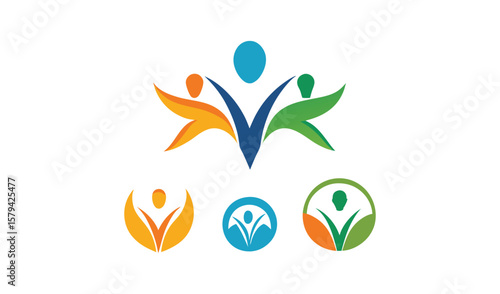 Abstract figures representing teamwork community and success in vibrant colors