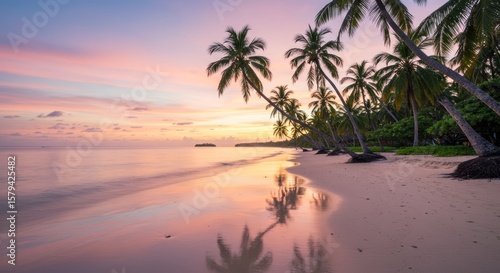 Serene Sunset on Tropical Beach with Palm Trees