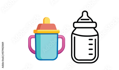 Two baby feeding bottles one colored sippy cup and one outline classic baby bottle