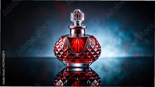 Elegant red perfume bottle with crystal cap on dark reflective background

