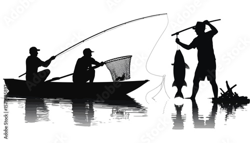 Sport fishermen casting rods into the water at sunset