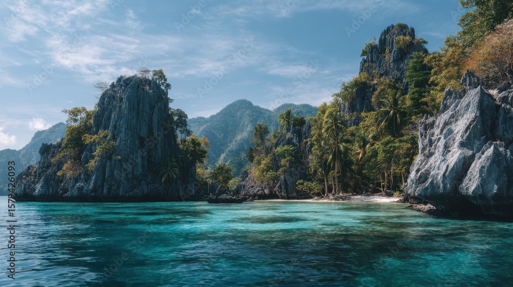 Obraz premium Clear turquoise waters gently lap against towering rocks and lush trees in a tranquil bay. The sun shines brightly, illuminating the landscape's natural beauty and inviting exploration