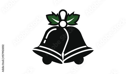 Festive black christmas bells with green holly leaves and white ribbon