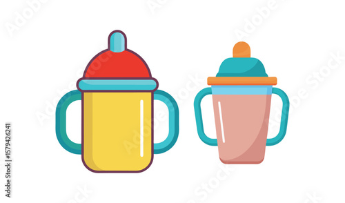 Two colorful baby sippy cups with handles isolated on a white background