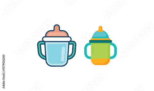 Two colorful baby sippy cups with handles on a white background