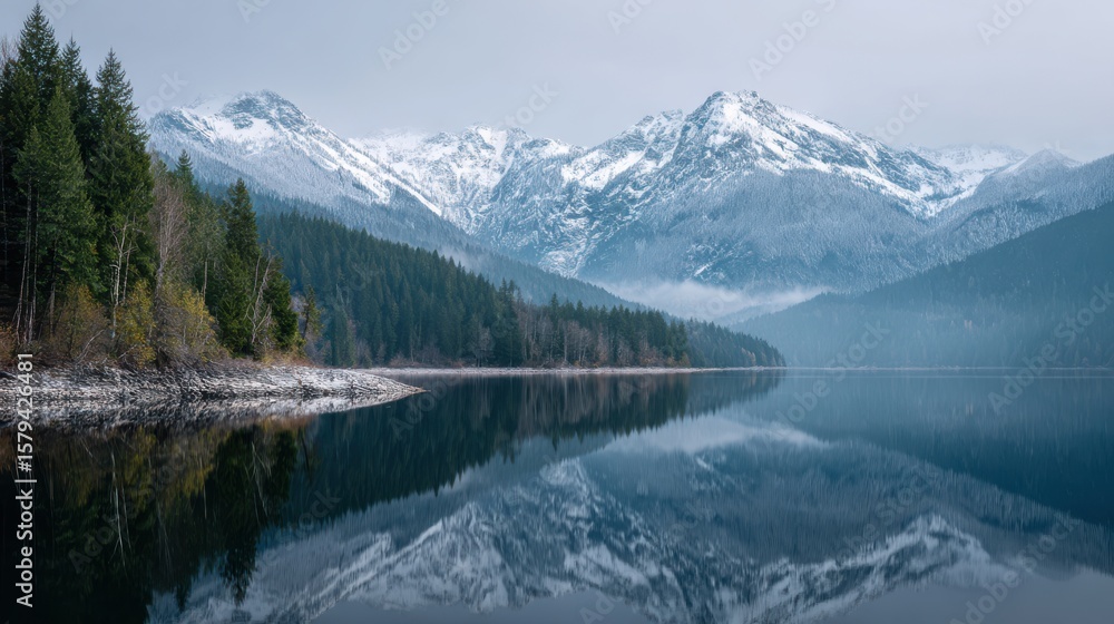 Snow-covered mountain peaks rise majestically above a tranquil lake, reflecting their beauty in the still water. Evergreen trees create a serene atmosphere on a misty morning Snow-covered mountain peaks rise majestically above a tranquil lake, reflecting their beauty in the still water. Evergreen trees create a serene atmosphere on a misty morning