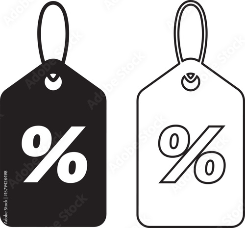 Set of contrasting sale tags with percentage signs silhouette vector art on white background