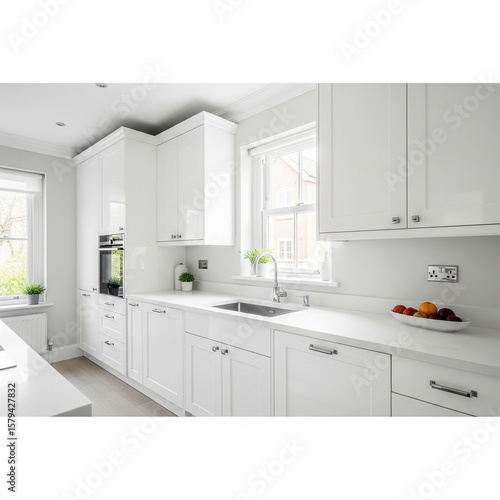 White kitchen interior with cabinets and sink