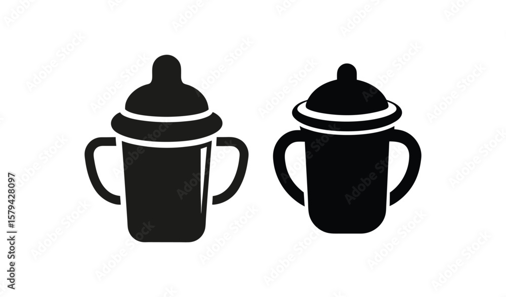 Simple black icons of two baby sippy cups with handles and lids Simple black icons of two baby sippy cups with handles and lids