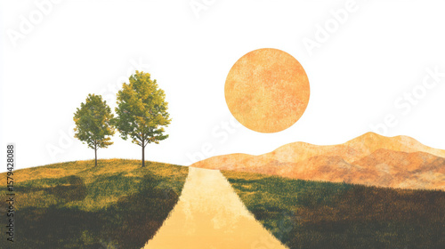 Serene landscape illustration featuring two trees on grassy hill, golden path leading into distance, and large textured sun casting warm light over rolling hills