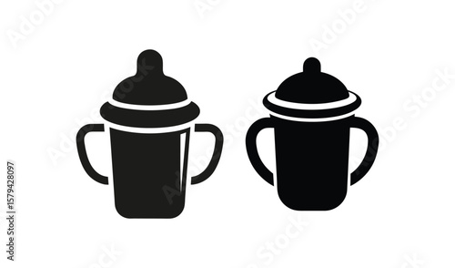 Simple black icons of two baby sippy cups with handles and lids