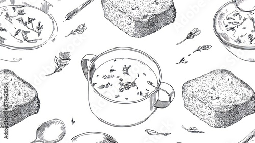 Hand-drawn soup and bread pattern