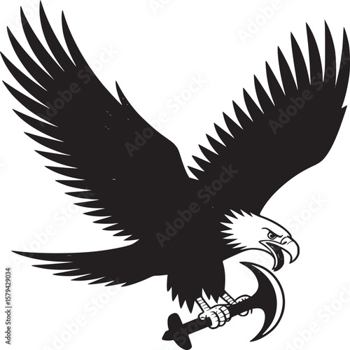 Illustration of a bald eagle in flight clutching a gray axe with its talons on a white background