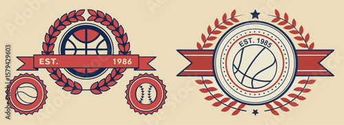 Retro-style sports emblems featuring laurel wreaths, basketball and baseball elements, perfect for badges, logos, and sports-themed vintage branding