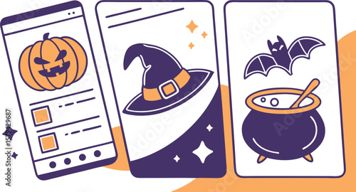 Three halloween themed cards featuring a pumpkin, witch hat, bat, and cauldron are displayed nicely