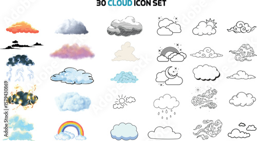 Collection of diverse weather clouds and atmospheric phenomena isolated on transparent background