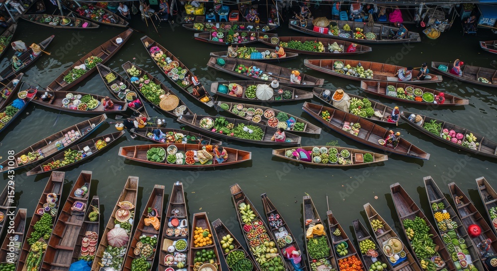 Obraz premium Vibrant Floating Market A Bird's-Eye View of Colorful Boats and Produce