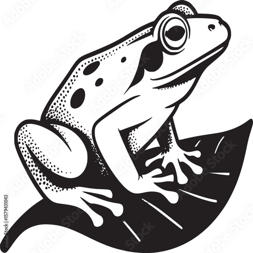 A green frog with red eyes sitting on a green leaf with a light beige background in a cartoon style