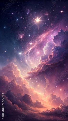 Dreamy cosmic sky with glowing stars and vibrant nebula clouds