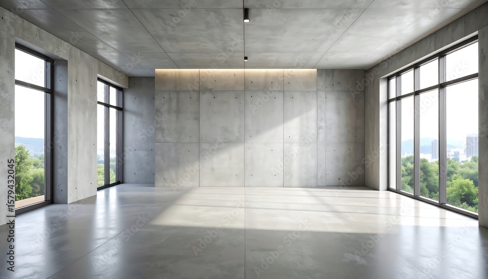 Fototapeta premium Empty modern concrete room with large windows