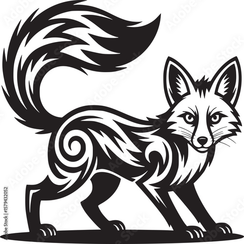 Stylized black and white fox illustration with intricate tribal like pattern on a white background