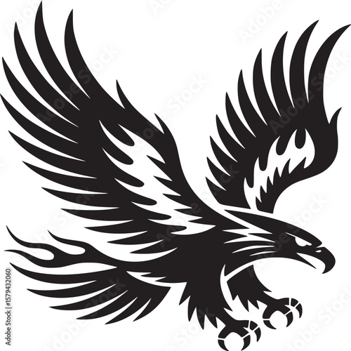 Black and white graphic illustration of an eagle with wings spread in a stylized design