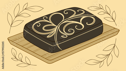 Elegant chocolate cake dessert with floral design on wooden tray for bakery and patisserie shop designs